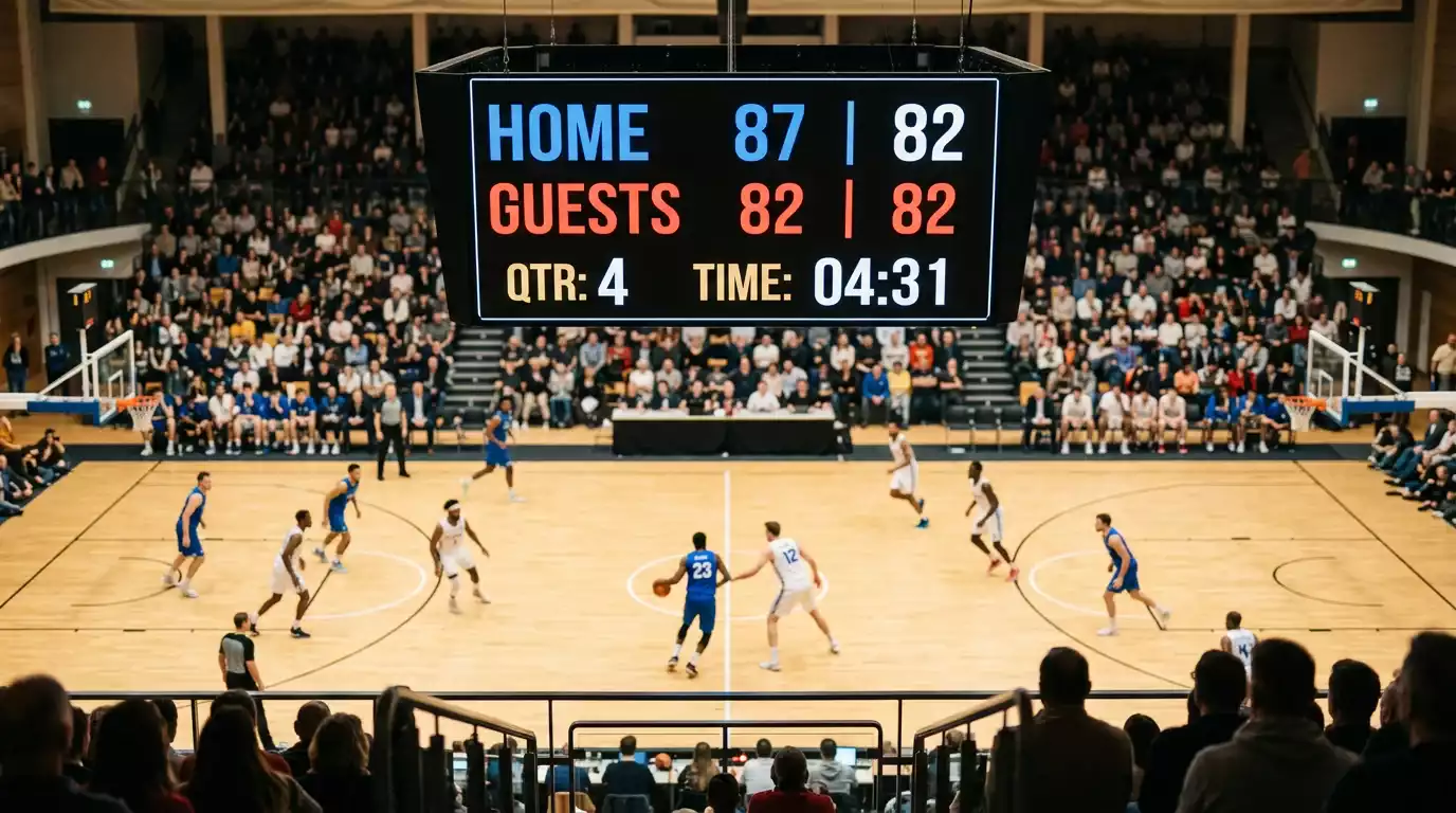 NBA arena scoreboard showing basketball game score and point spread numbers