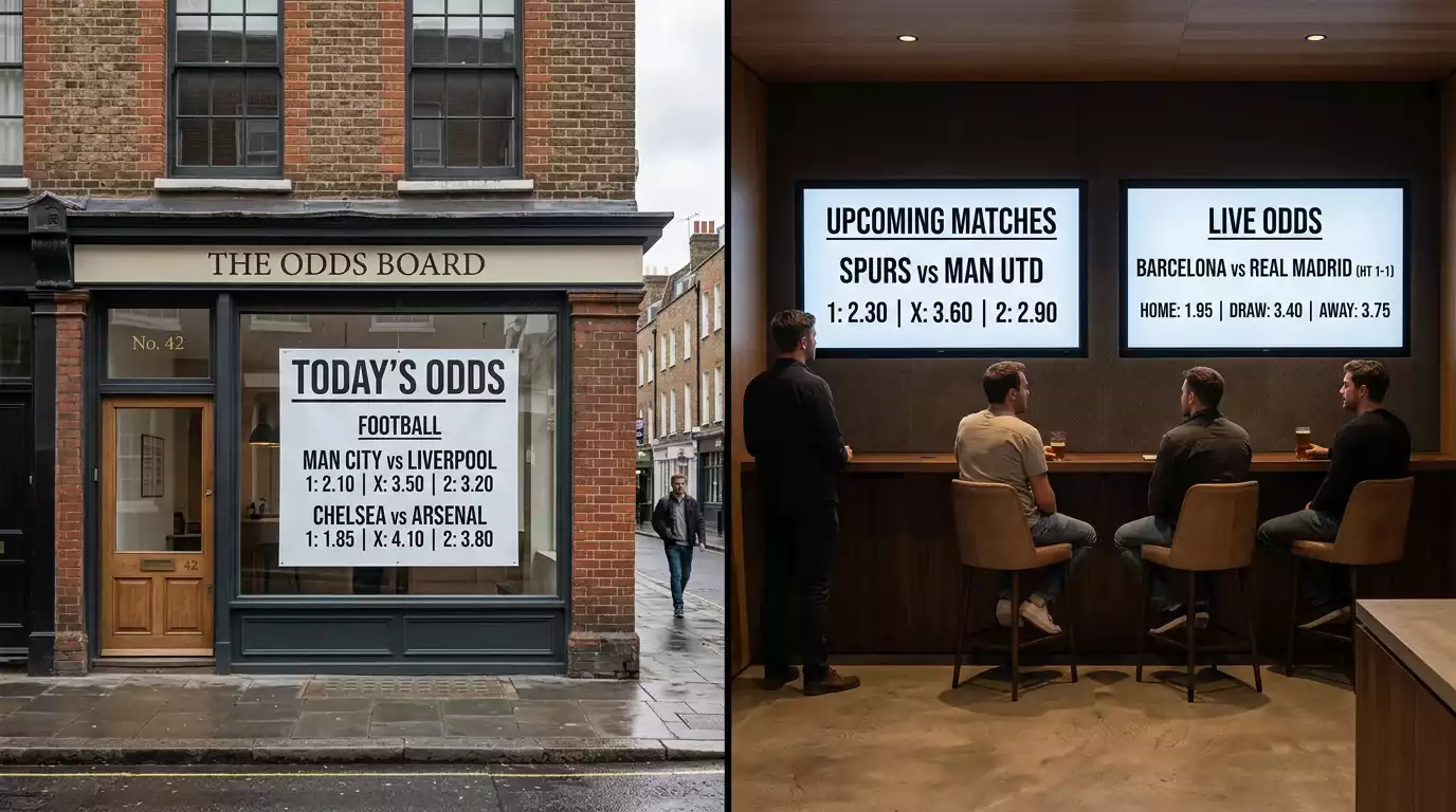 Split view showing a UK bookmaker shop front and an American sportsbook lounge representing different betting cultures